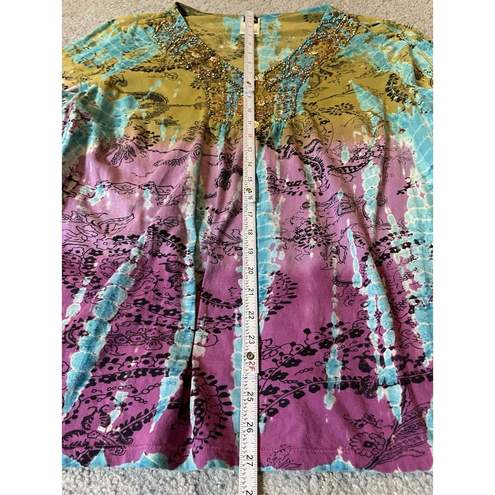 90s Bila Woman Beaded A-line Top 2X Blue Purple Abstract Pullover Boho Party - Picture 6 of 11